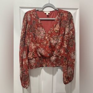 Blouse Rust Colored Blouse w/ Elastic Waist~ Flowers & Gold Accents ~L…